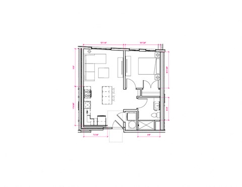 1  Bed   1  Bath   533 Sq. Ft. Barcelona VI - South A3e  Floor Plan at Expo at Forest Park, St. Louis, MO, 63112